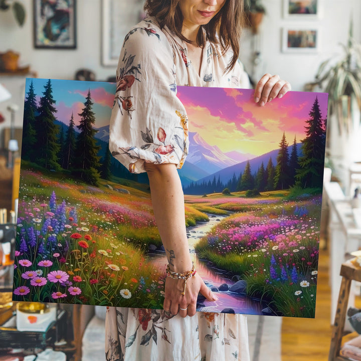 Alpine Meadow Glow Canvas – Golden Hour Stream & Wildflower Valley Art - Gifitto