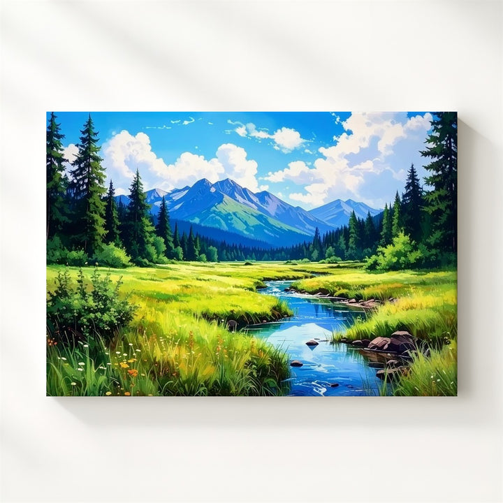 Summer Alpine Meadow Canvas – Lush Stream & Mountain Landscape Wall Art - Gifitto