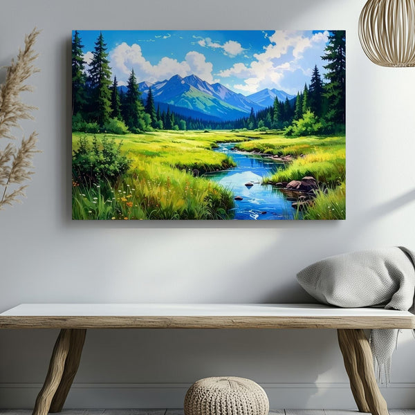 Summer Alpine Meadow Canvas – Lush Stream & Mountain Landscape Wall Art - Gifitto