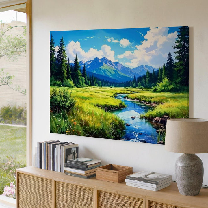 Summer Alpine Meadow Canvas – Lush Stream & Mountain Landscape Wall Art - Gifitto