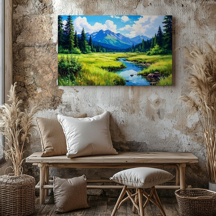 Summer Alpine Meadow Canvas – Lush Stream & Mountain Landscape Wall Art - Gifitto