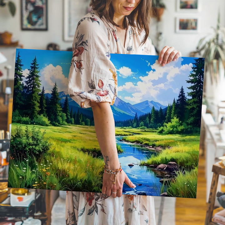Summer Alpine Meadow Canvas – Lush Stream & Mountain Landscape Wall Art - Gifitto
