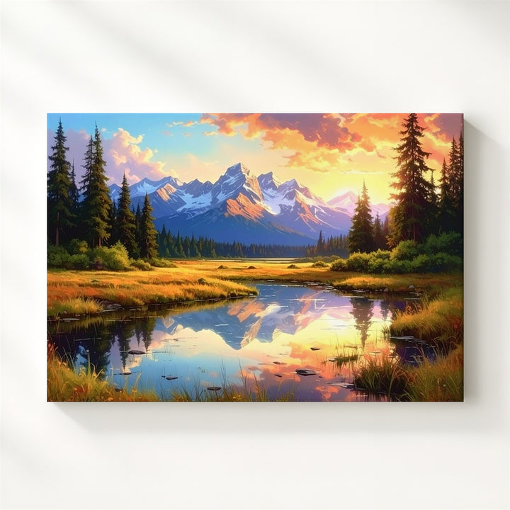 Twilight Reflection Canvas – Sunset Pond & Majestic Mountain Landscape - Gifitto