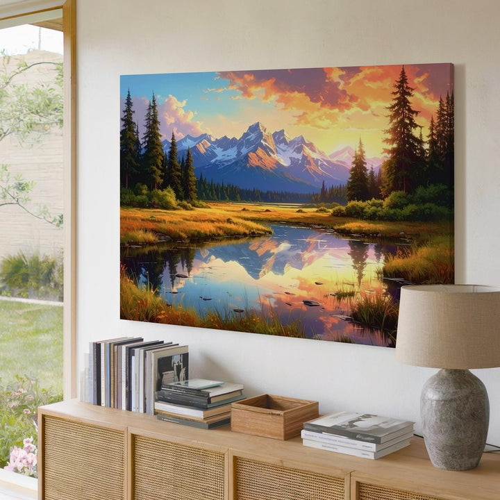 Twilight Reflection Canvas – Sunset Pond & Majestic Mountain Landscape - Gifitto