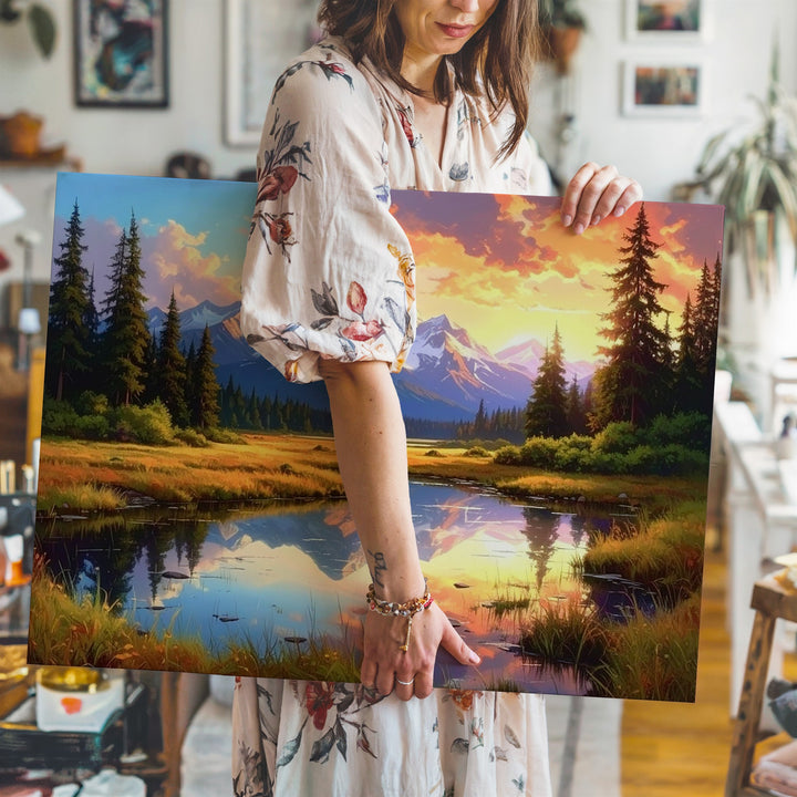 Twilight Reflection Canvas – Sunset Pond & Majestic Mountain Landscape - Gifitto