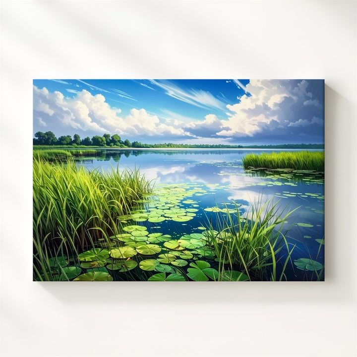 Tranquil Lakeside Reeds Canvas – Hyper-Realistic Water & Sky Landscape Art - Gifitto