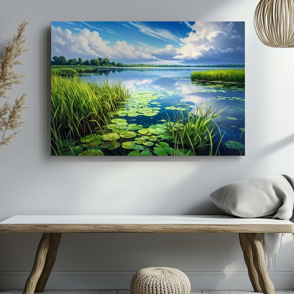 Tranquil Lakeside Reeds Canvas – Hyper-Realistic Water & Sky Landscape Art - Gifitto