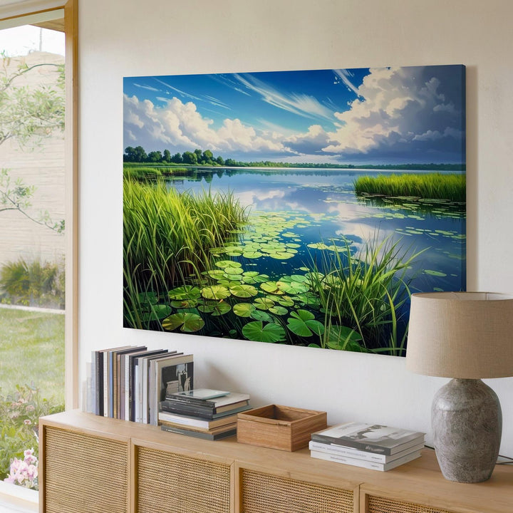 Tranquil Lakeside Reeds Canvas – Hyper-Realistic Water & Sky Landscape Art - Gifitto