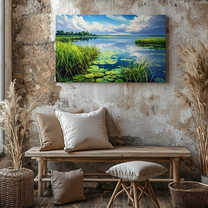 Tranquil Lakeside Reeds Canvas – Hyper-Realistic Water & Sky Landscape Art - Gifitto