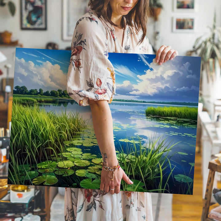 Tranquil Lakeside Reeds Canvas – Hyper-Realistic Water & Sky Landscape Art - Gifitto