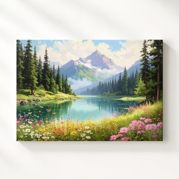 Wildflower Lake Retreat Canvas – Dreamlike Alpine Morning Landscape Art - Gifitto