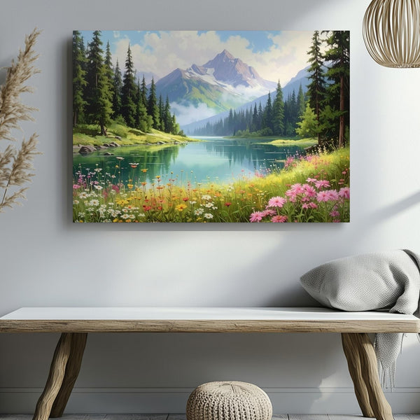 Wildflower Lake Retreat Canvas – Dreamlike Alpine Morning Landscape Art - Gifitto