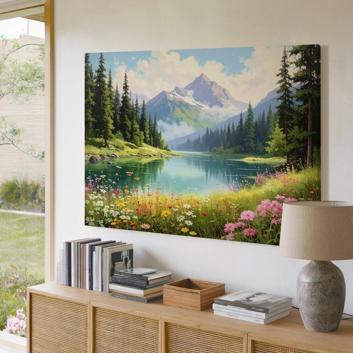 Wildflower Lake Retreat Canvas – Dreamlike Alpine Morning Landscape Art - Gifitto