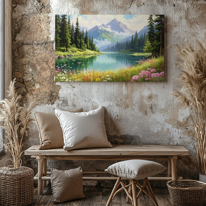 Wildflower Lake Retreat Canvas – Dreamlike Alpine Morning Landscape Art - Gifitto