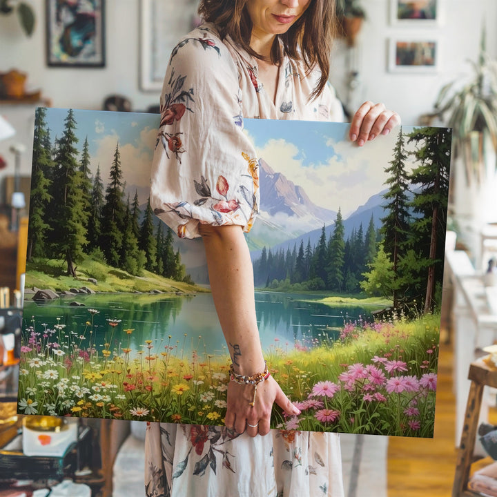 Wildflower Lake Retreat Canvas – Dreamlike Alpine Morning Landscape Art - Gifitto