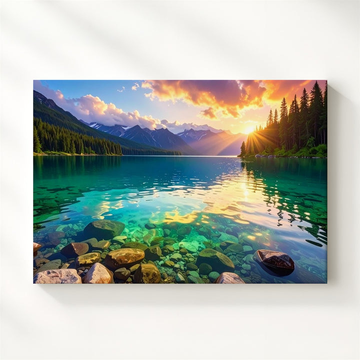 Sunset Radiance Lake Canvas – Turquoise Water & Golden Mountain Glow Art - Gifitto