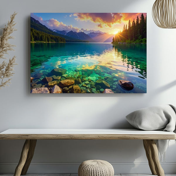 Sunset Radiance Lake Canvas – Turquoise Water & Golden Mountain Glow Art - Gifitto