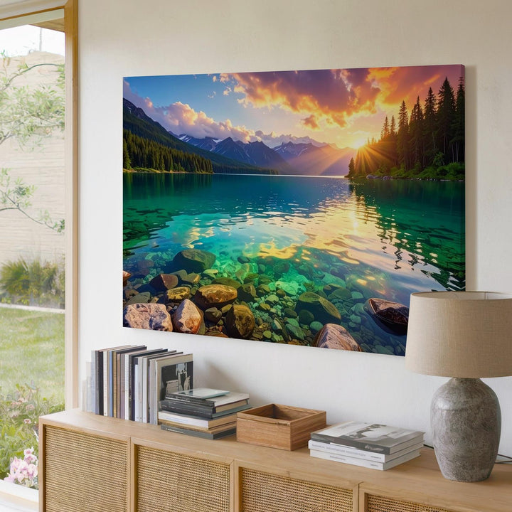 Sunset Radiance Lake Canvas – Turquoise Water & Golden Mountain Glow Art - Gifitto