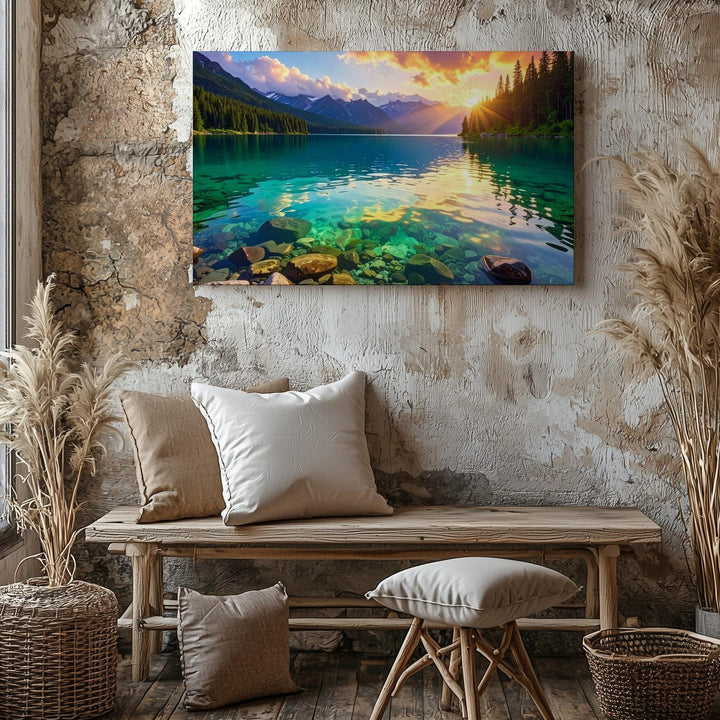 Sunset Radiance Lake Canvas – Turquoise Water & Golden Mountain Glow Art - Gifitto