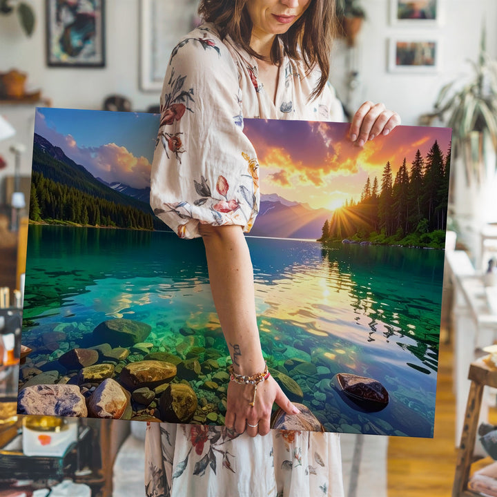 Sunset Radiance Lake Canvas – Turquoise Water & Golden Mountain Glow Art - Gifitto