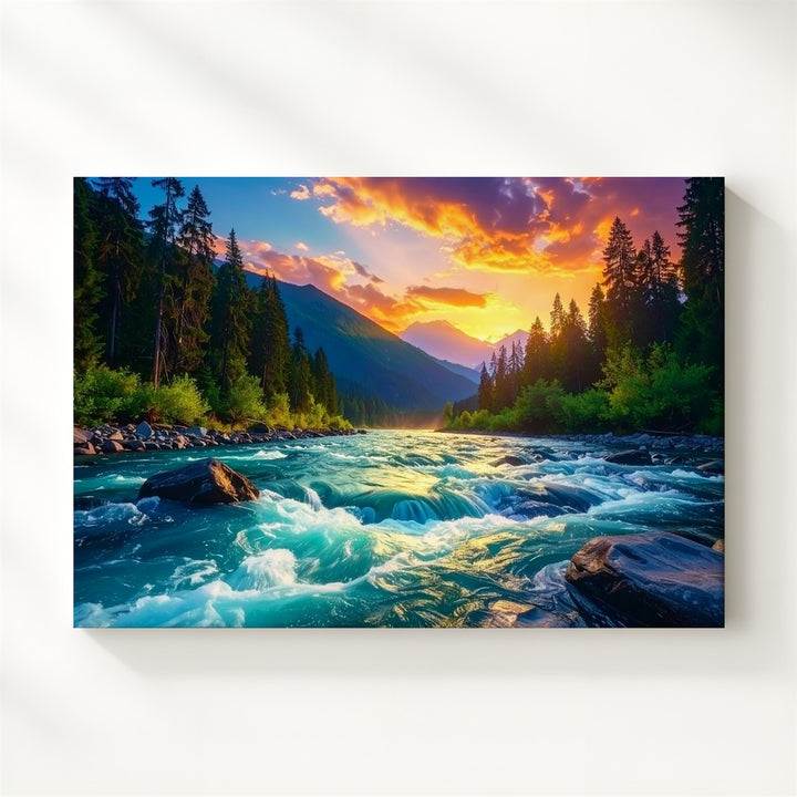 Twilight River Fury Canvas – Wild Mountain Stream & Fiery Forest Sunset - Gifitto