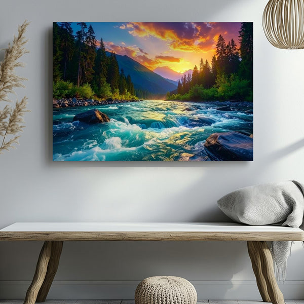 Twilight River Fury Canvas – Wild Mountain Stream & Fiery Forest Sunset - Gifitto