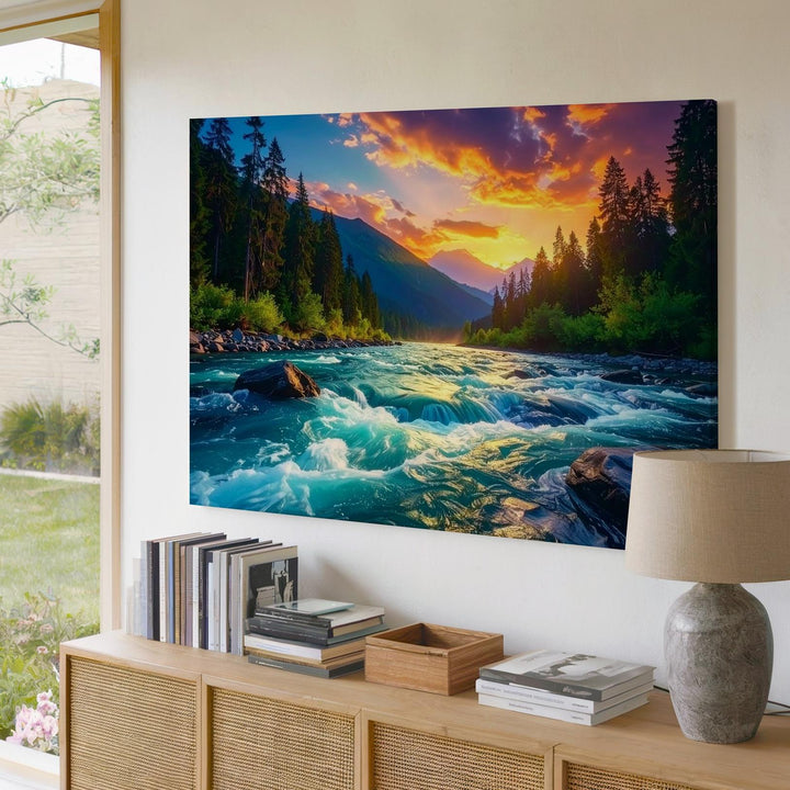 Twilight River Fury Canvas – Wild Mountain Stream & Fiery Forest Sunset - Gifitto