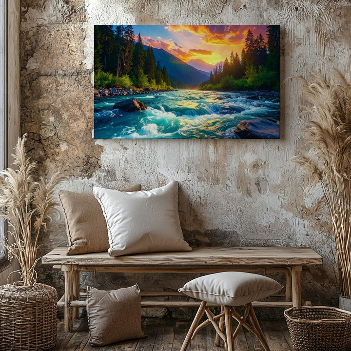 Twilight River Fury Canvas – Wild Mountain Stream & Fiery Forest Sunset - Gifitto