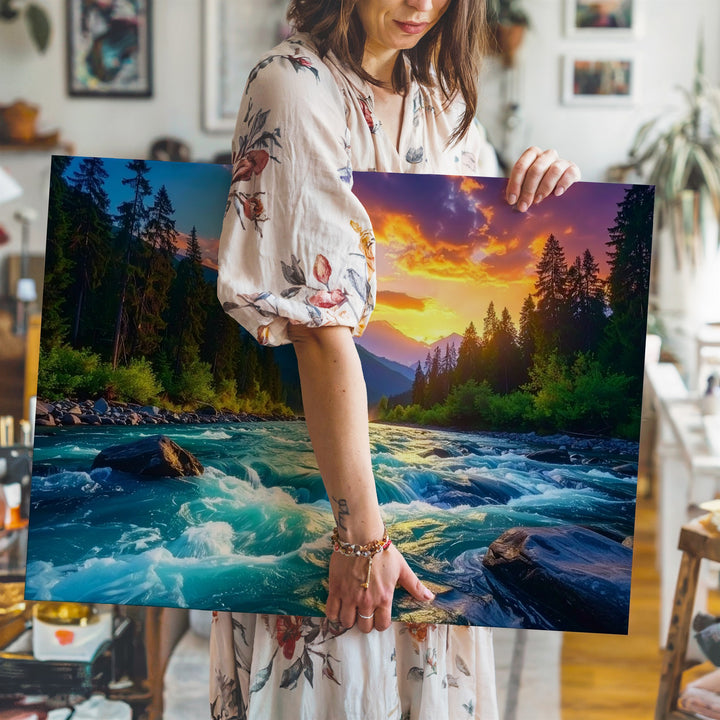 Twilight River Fury Canvas – Wild Mountain Stream & Fiery Forest Sunset - Gifitto
