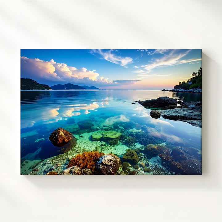 Twilight Ocean Calm Canvas – Minimalist Seascape with Pastel Sky & Coral Detail - Gifitto