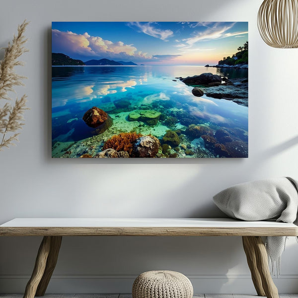 Twilight Ocean Calm Canvas – Minimalist Seascape with Pastel Sky & Coral Detail - Gifitto