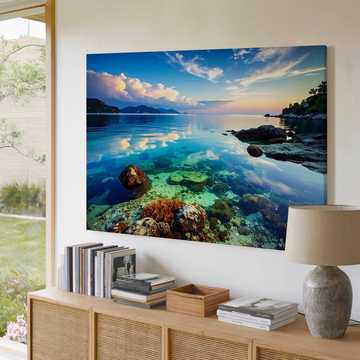Twilight Ocean Calm Canvas – Minimalist Seascape with Pastel Sky & Coral Detail - Gifitto