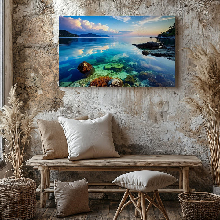 Twilight Ocean Calm Canvas – Minimalist Seascape with Pastel Sky & Coral Detail - Gifitto