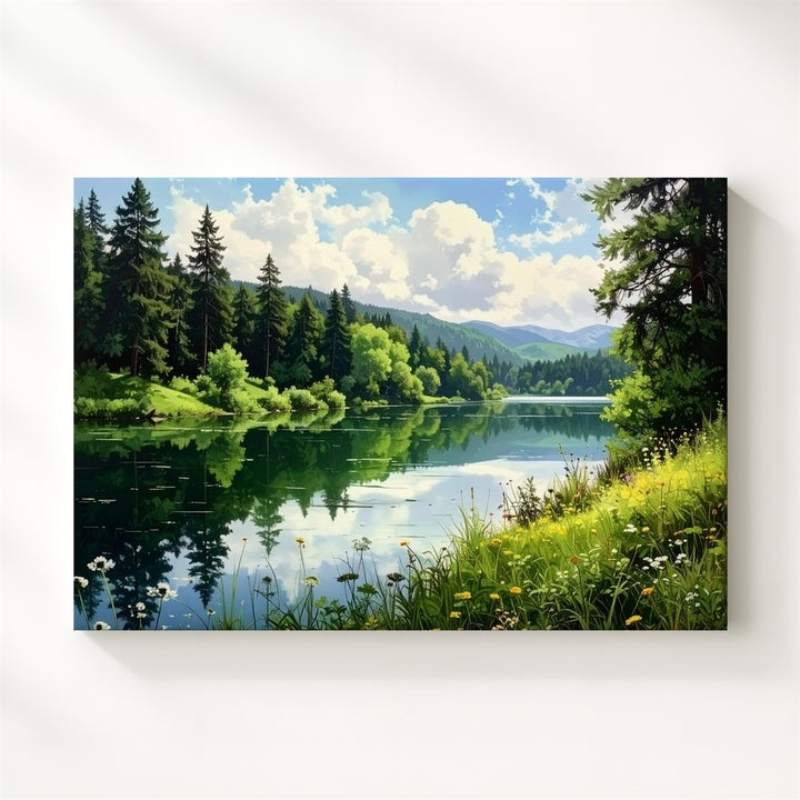 Verdant Forest Lake Canvas – Serene Reflection with Wildflowers & Mountain View - Gifitto
