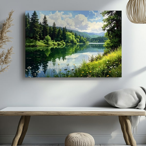 Verdant Forest Lake Canvas – Serene Reflection with Wildflowers & Mountain View - Gifitto