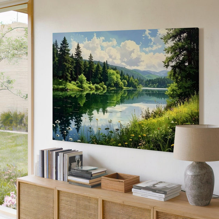Verdant Forest Lake Canvas – Serene Reflection with Wildflowers & Mountain View - Gifitto
