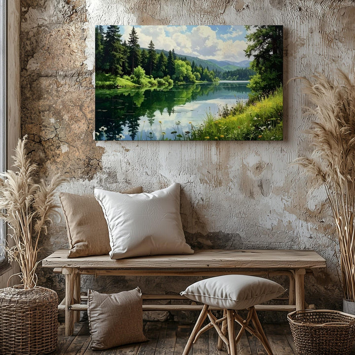 Verdant Forest Lake Canvas – Serene Reflection with Wildflowers & Mountain View - Gifitto