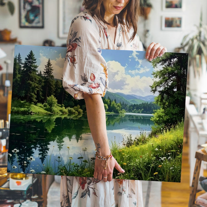 Verdant Forest Lake Canvas – Serene Reflection with Wildflowers & Mountain View - Gifitto