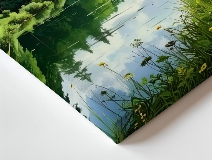 Verdant Forest Lake Canvas – Serene Reflection with Wildflowers & Mountain View - Gifitto