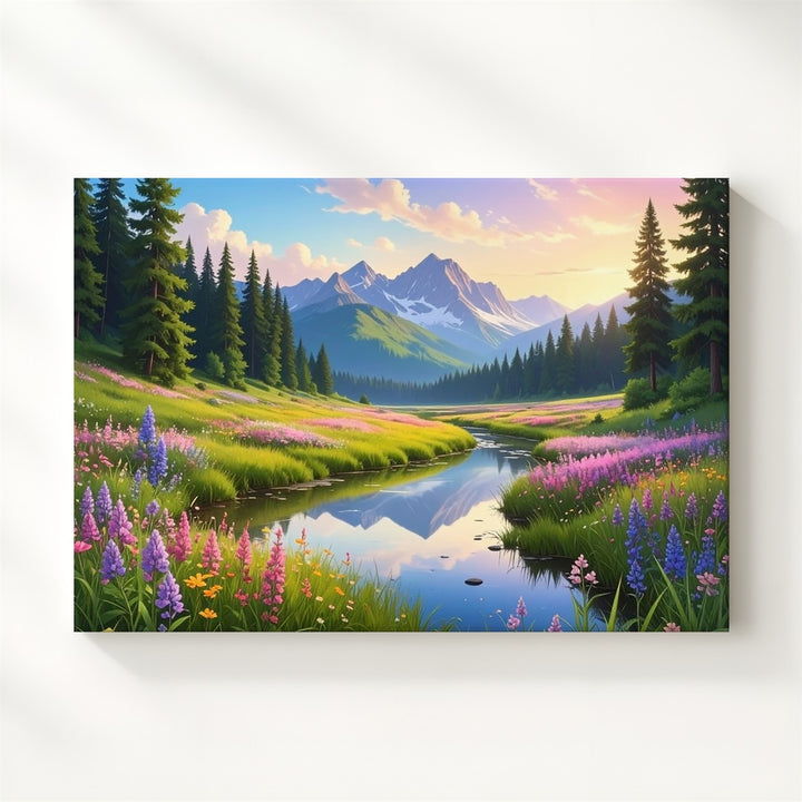 Golden Hour Meadow Stream Canvas – Wildflowers, Pines & Mountain Reflection Art - Gifitto