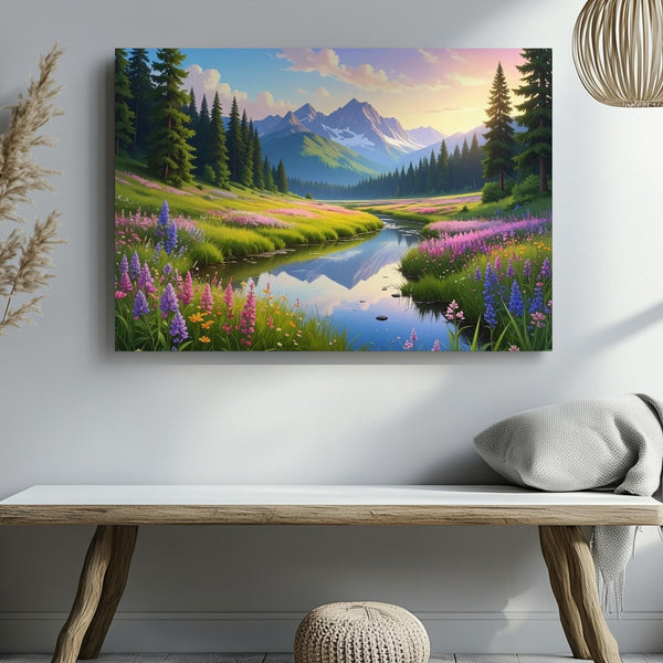 Golden Hour Meadow Stream Canvas – Wildflowers, Pines & Mountain Reflection Art - Gifitto