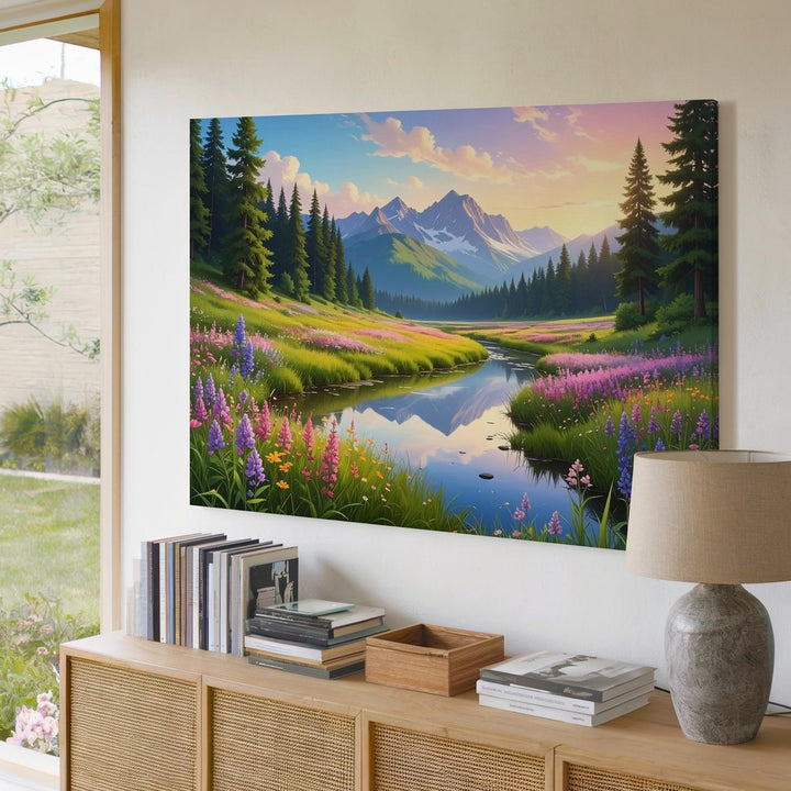 Golden Hour Meadow Stream Canvas – Wildflowers, Pines & Mountain Reflection Art - Gifitto