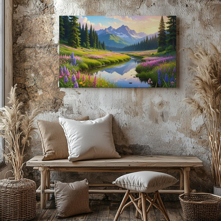 Golden Hour Meadow Stream Canvas – Wildflowers, Pines & Mountain Reflection Art - Gifitto