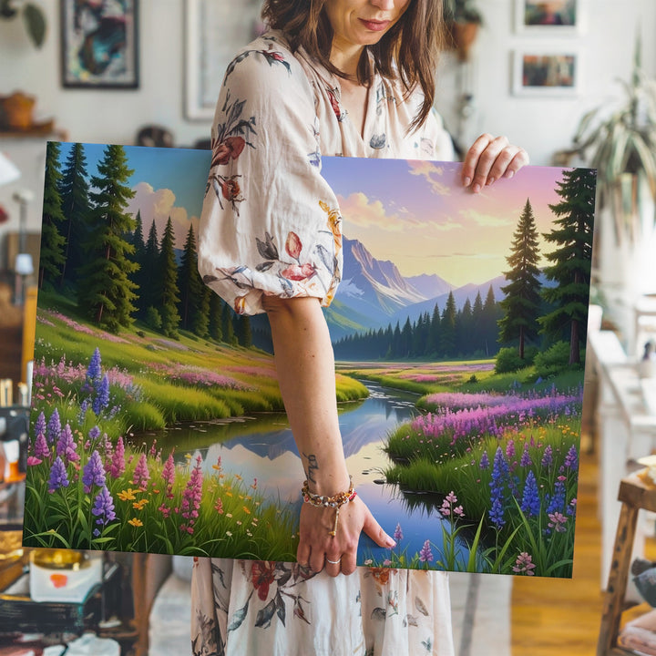 Golden Hour Meadow Stream Canvas – Wildflowers, Pines & Mountain Reflection Art - Gifitto