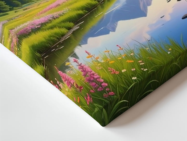 Golden Hour Meadow Stream Canvas – Wildflowers, Pines & Mountain Reflection Art - Gifitto