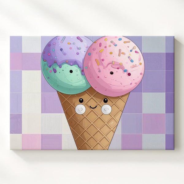 Smiling Ice Cream Cone Canvas – Whimsical Kids' Dessert Wall Art - Gifitto