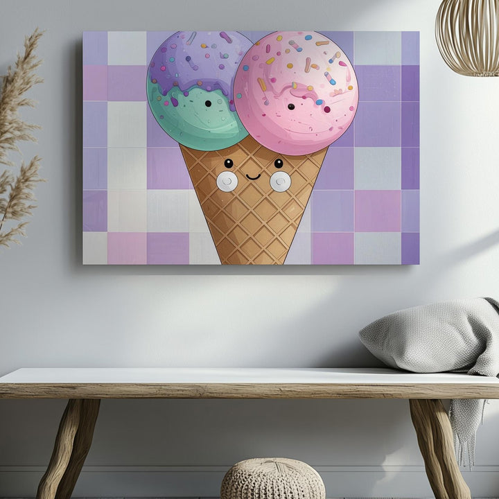 Smiling Ice Cream Cone Canvas – Whimsical Kids' Dessert Wall Art - Gifitto