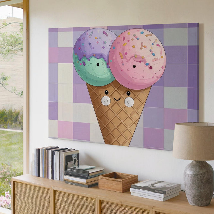 Smiling Ice Cream Cone Canvas – Whimsical Kids' Dessert Wall Art - Gifitto