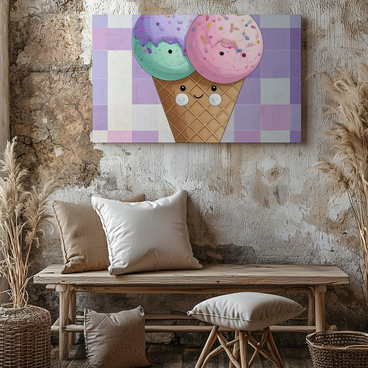 Smiling Ice Cream Cone Canvas – Whimsical Kids' Dessert Wall Art - Gifitto