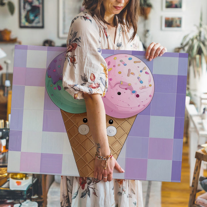 Smiling Ice Cream Cone Canvas – Whimsical Kids' Dessert Wall Art - Gifitto